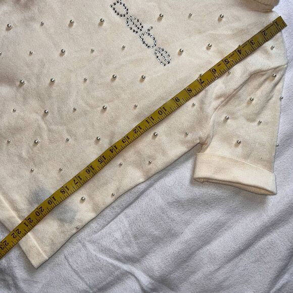 Bebe Cream Short Sleeve Turtleneck Pearl Sequin Logo Sweater- L - Picture 8 of 12